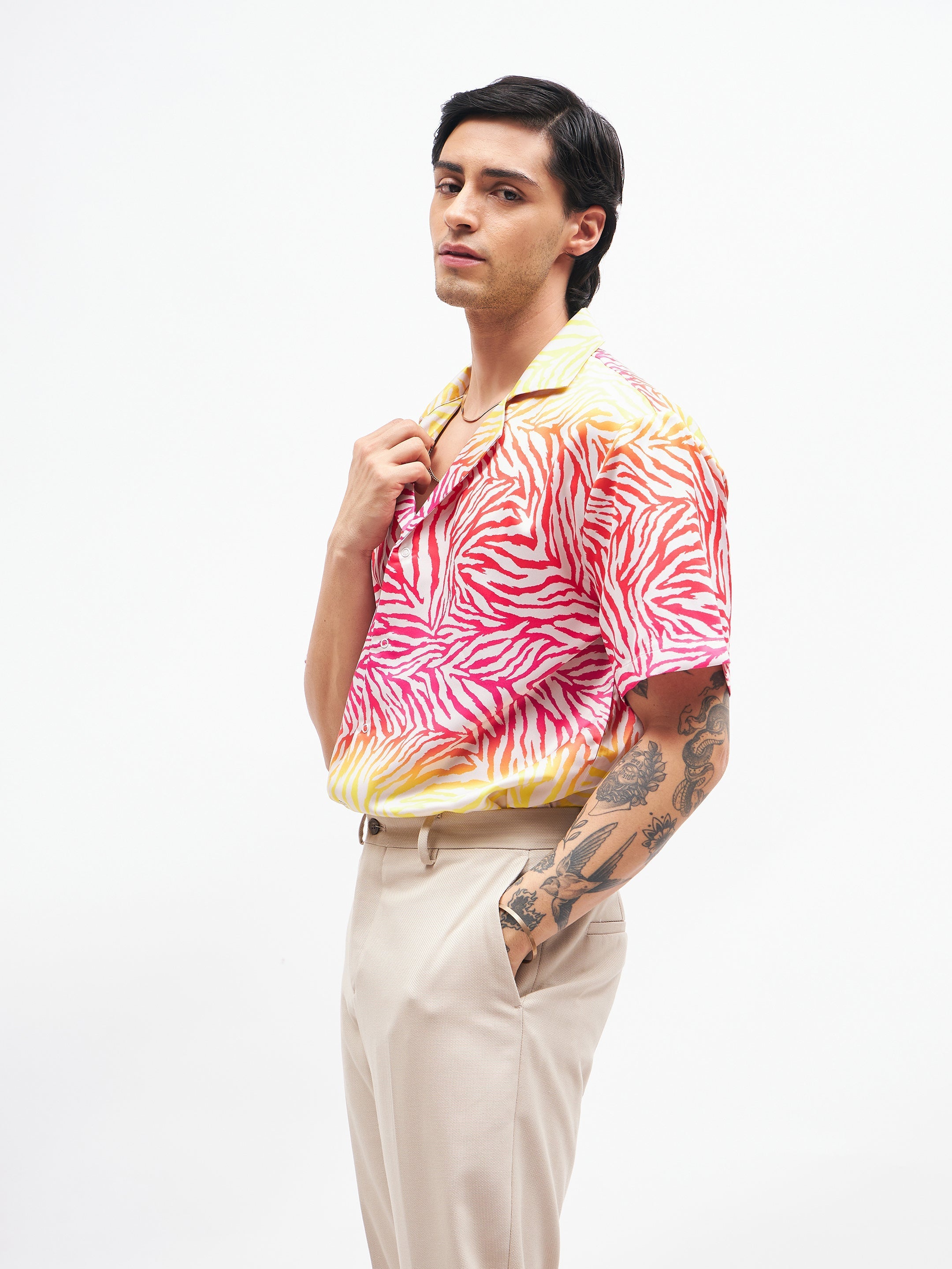 Men's Pink Zebra Short Sleeves Satin Shirt - MASCLN SASSAFRAS