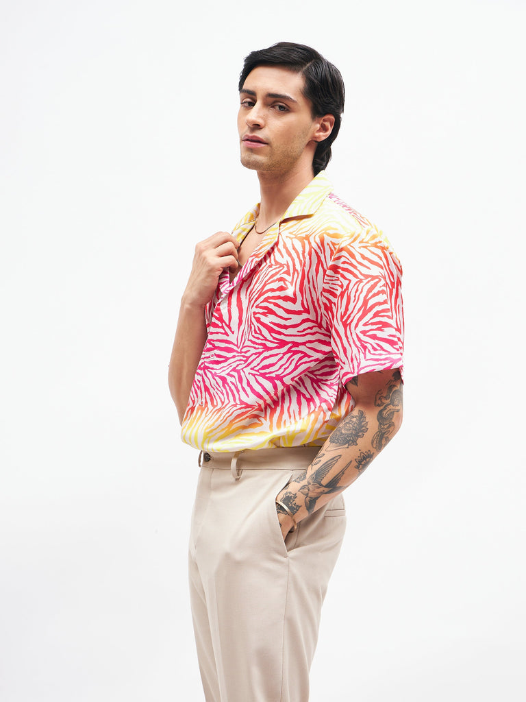 Men's Pink Zebra Short Sleeves Satin Shirt