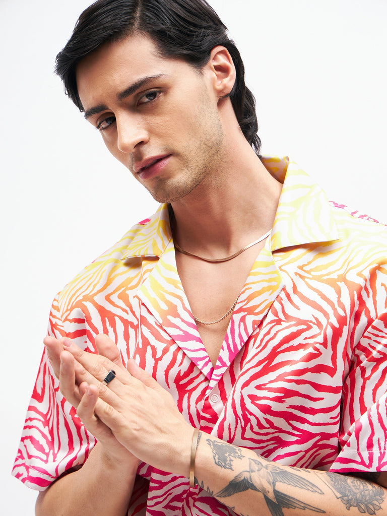 Men's Pink Zebra Short Sleeves Satin Shirt