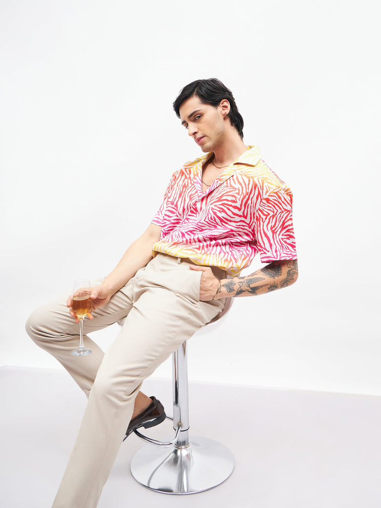 Men's Pink Zebra Short Sleeves Satin Shirt