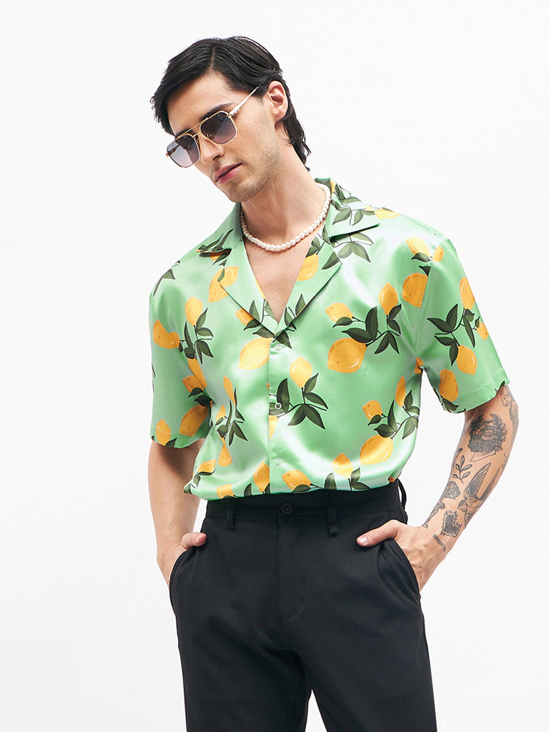 Men's Green Tropical Short Sleeves Satin Shirt