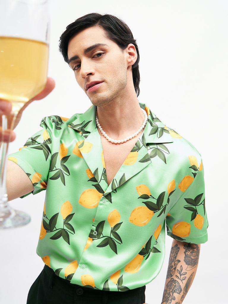 Men's Green Tropical Short Sleeves Satin Shirt