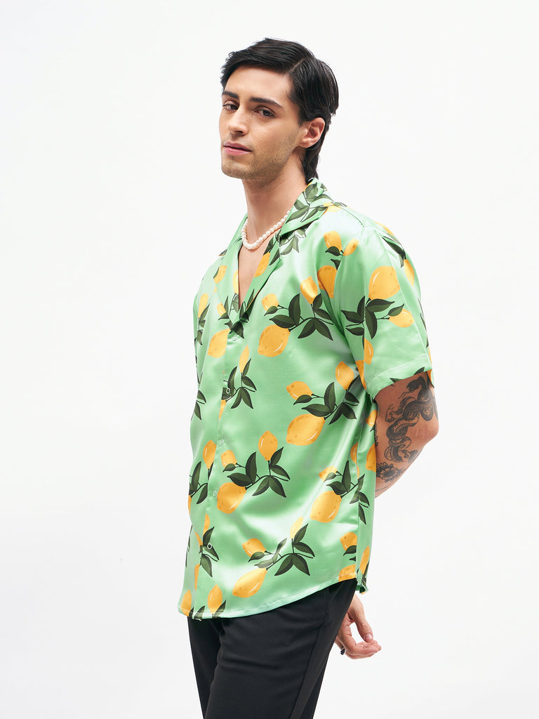 Men's Green Tropical Short Sleeves Satin Shirt