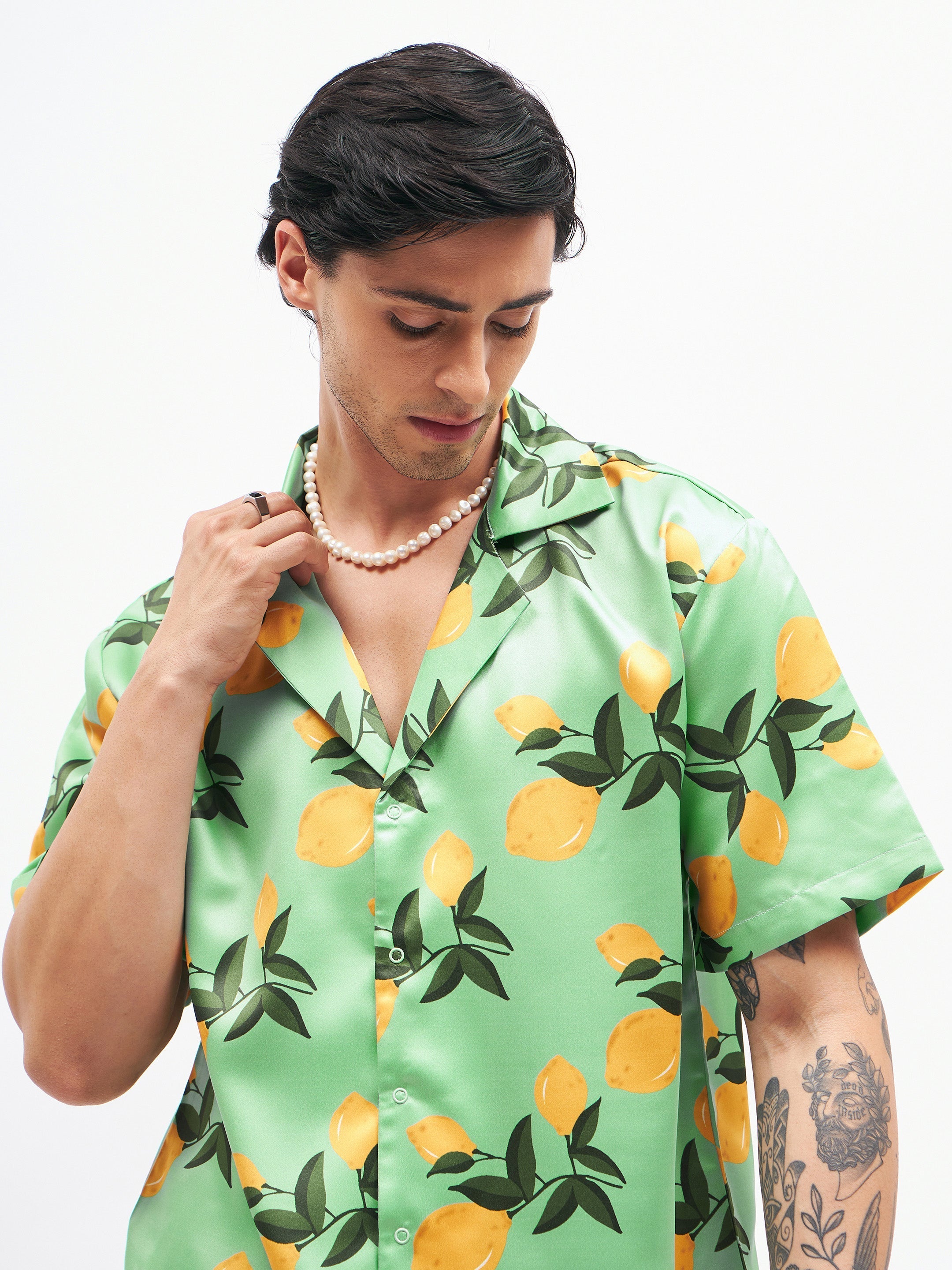 Men's Green Tropical Short Sleeves Satin Shirt - MASCLN SASSAFRAS