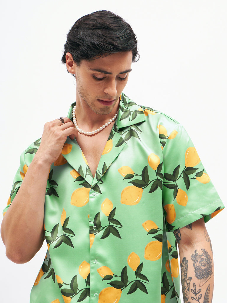 Men's Green Tropical Short Sleeves Satin Shirt