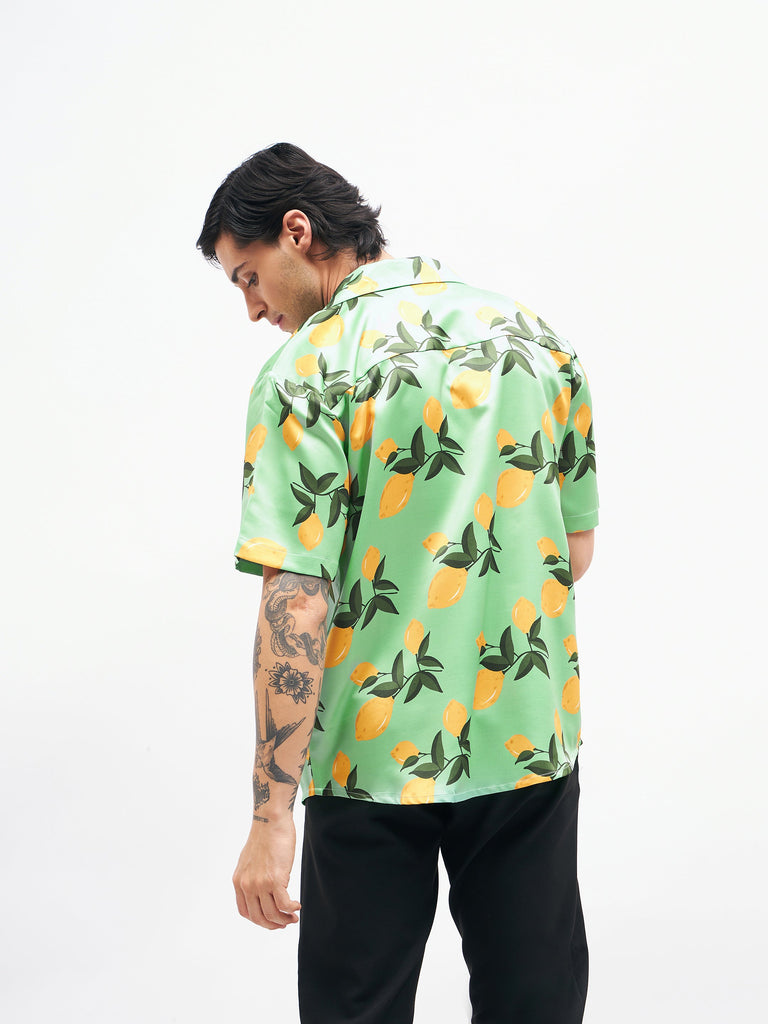 Men's Green Tropical Short Sleeves Satin Shirt