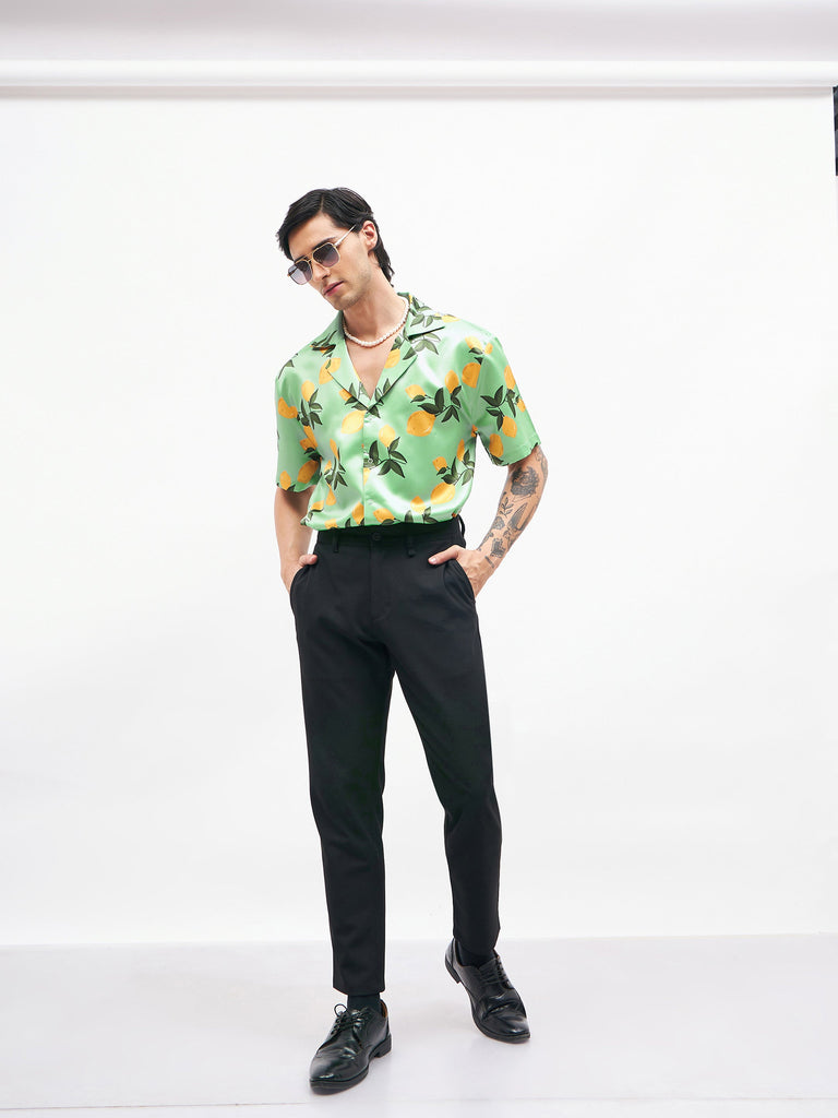 Men's Green Tropical Short Sleeves Satin Shirt