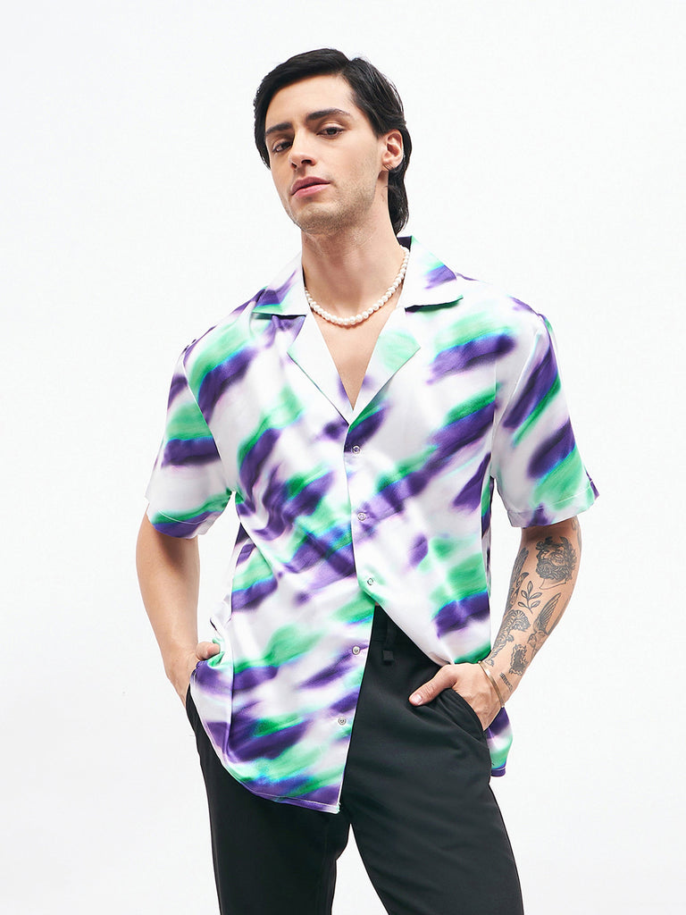 Men's White Abstract Short Sleeves Satin Shirt