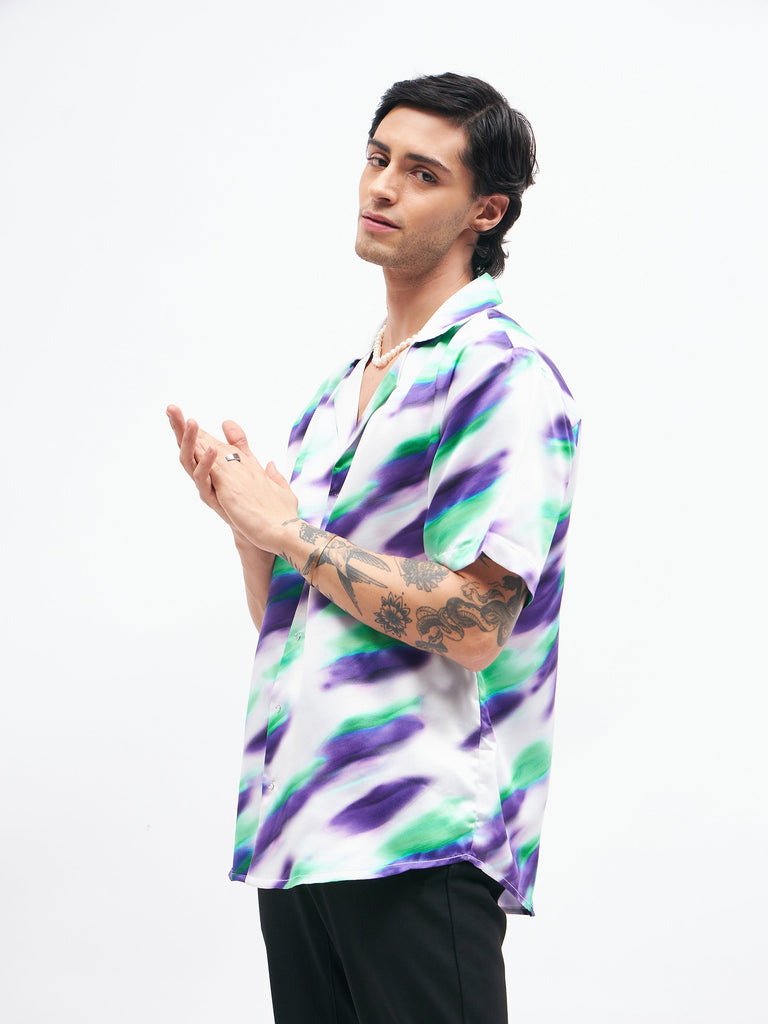 Men's White Abstract Short Sleeves Satin Shirt