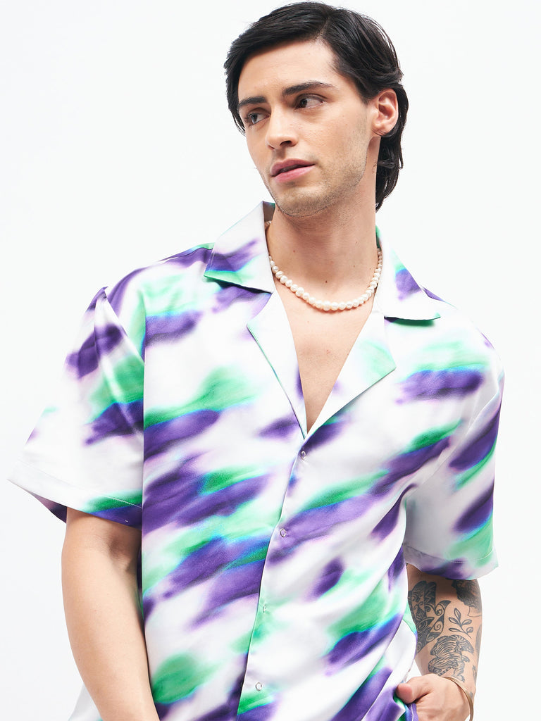 Men's White Abstract Short Sleeves Satin Shirt