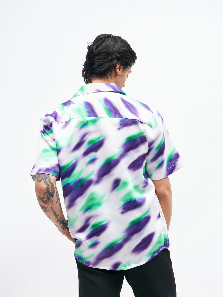 Men's White Abstract Short Sleeves Satin Shirt