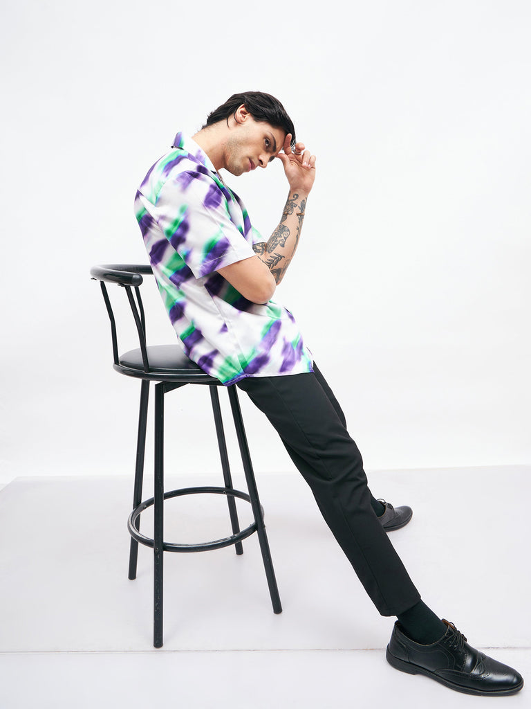 Men's White Abstract Short Sleeves Satin Shirt