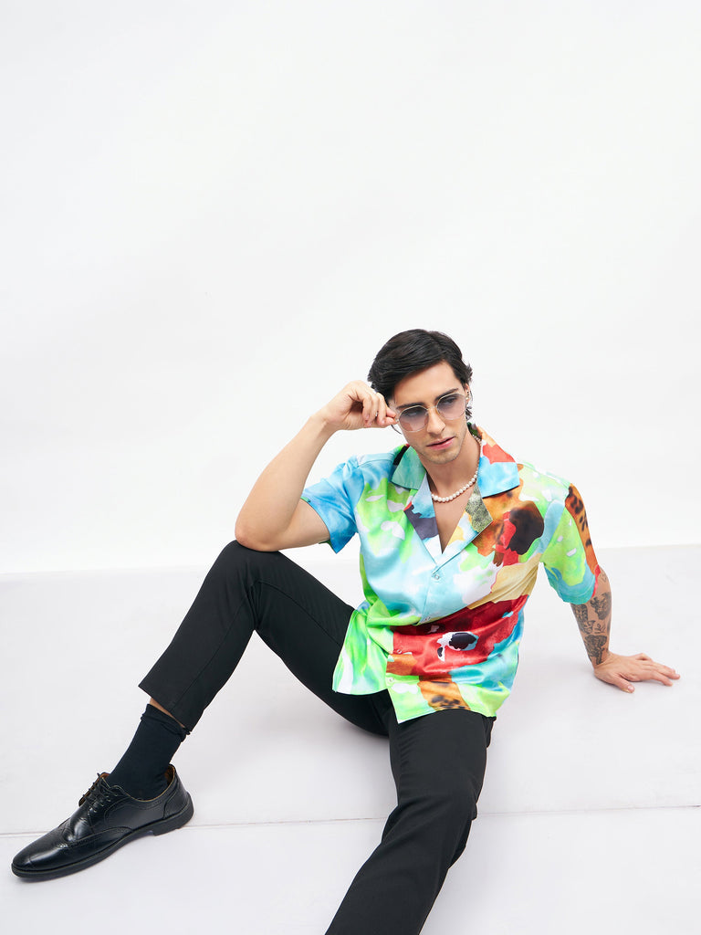 Men's Blue Art Print Short Sleeves Satin Shirt