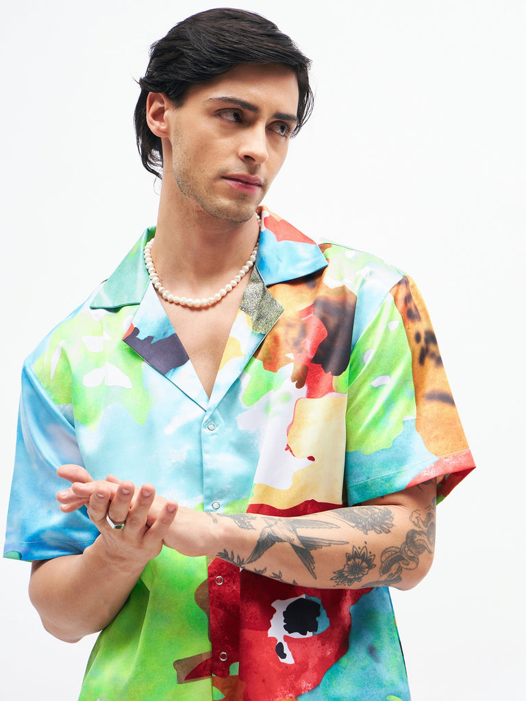 Men's Blue Art Print Short Sleeves Satin Shirt