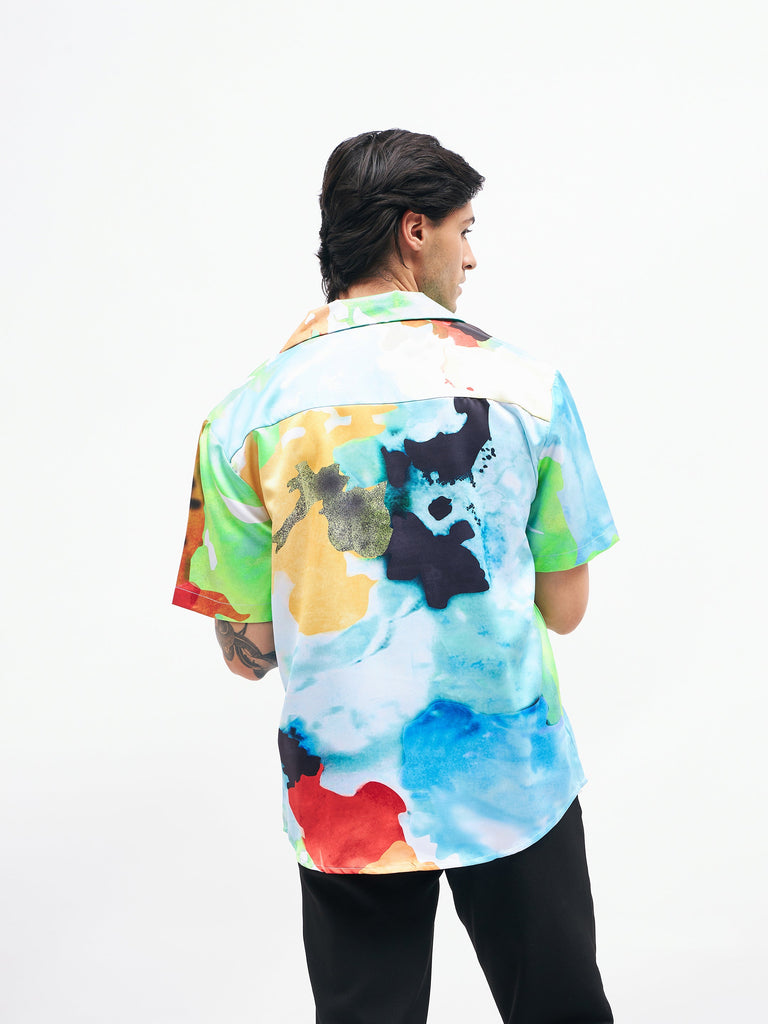 Men's Blue Art Print Short Sleeves Satin Shirt