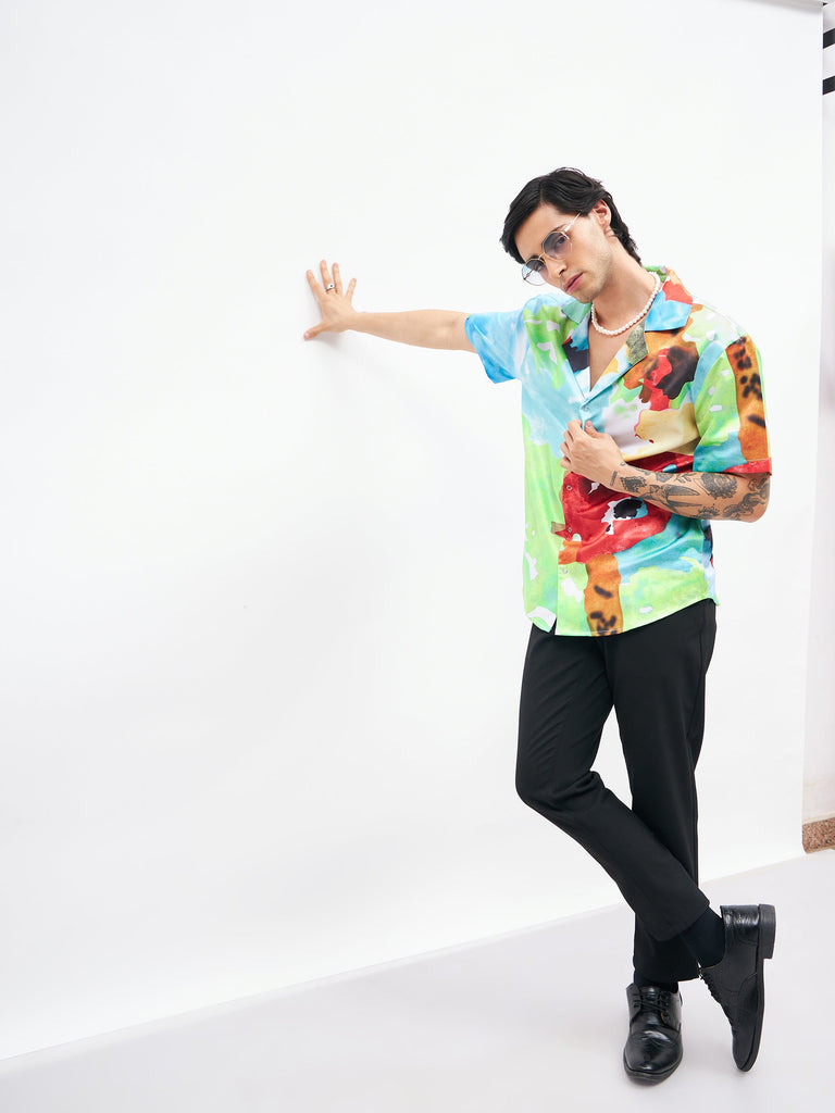 Men's Blue Art Print Short Sleeves Satin Shirt
