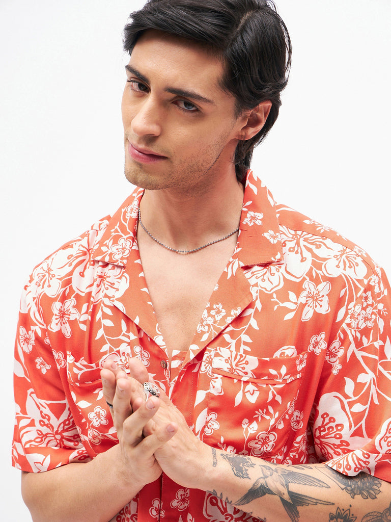 Men's Orange Tropical Short Sleeves Shirt