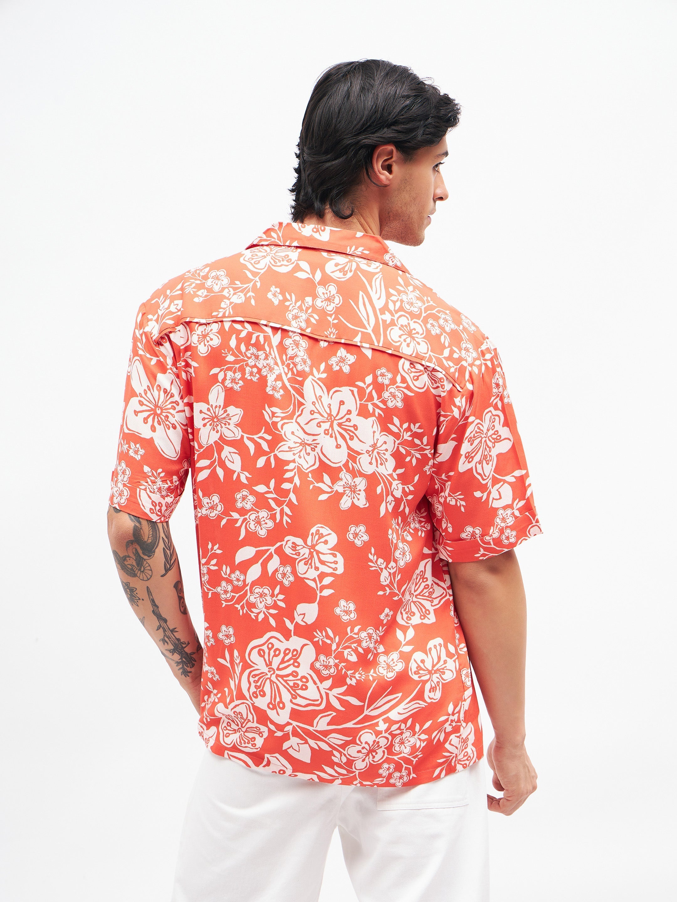 Men's Orange Tropical Short Sleeves Shirt - MASCLN SASSAFRAS