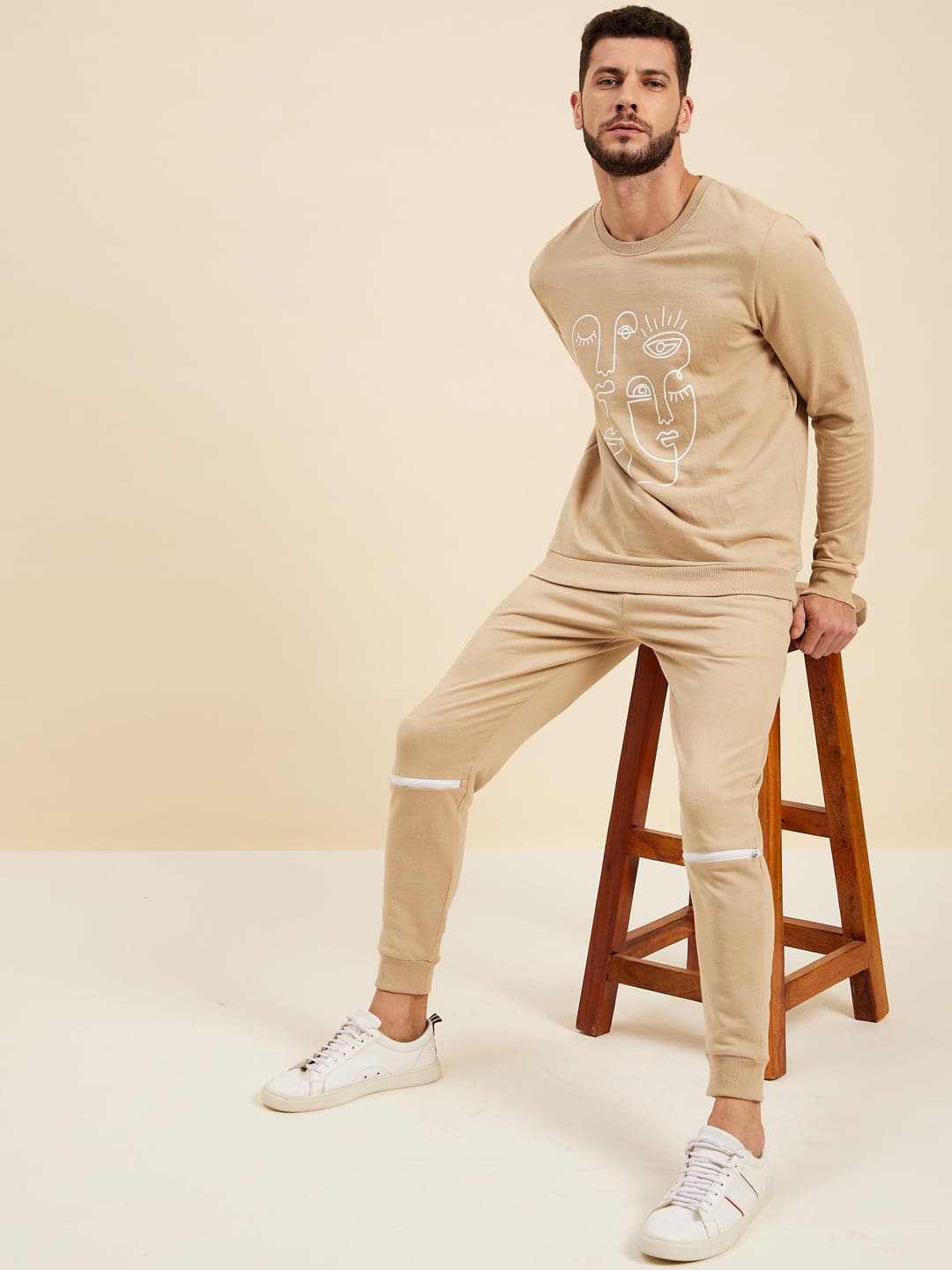 Men's Beige Line Printed Sweatshirt - LYUSH-MASCLN
