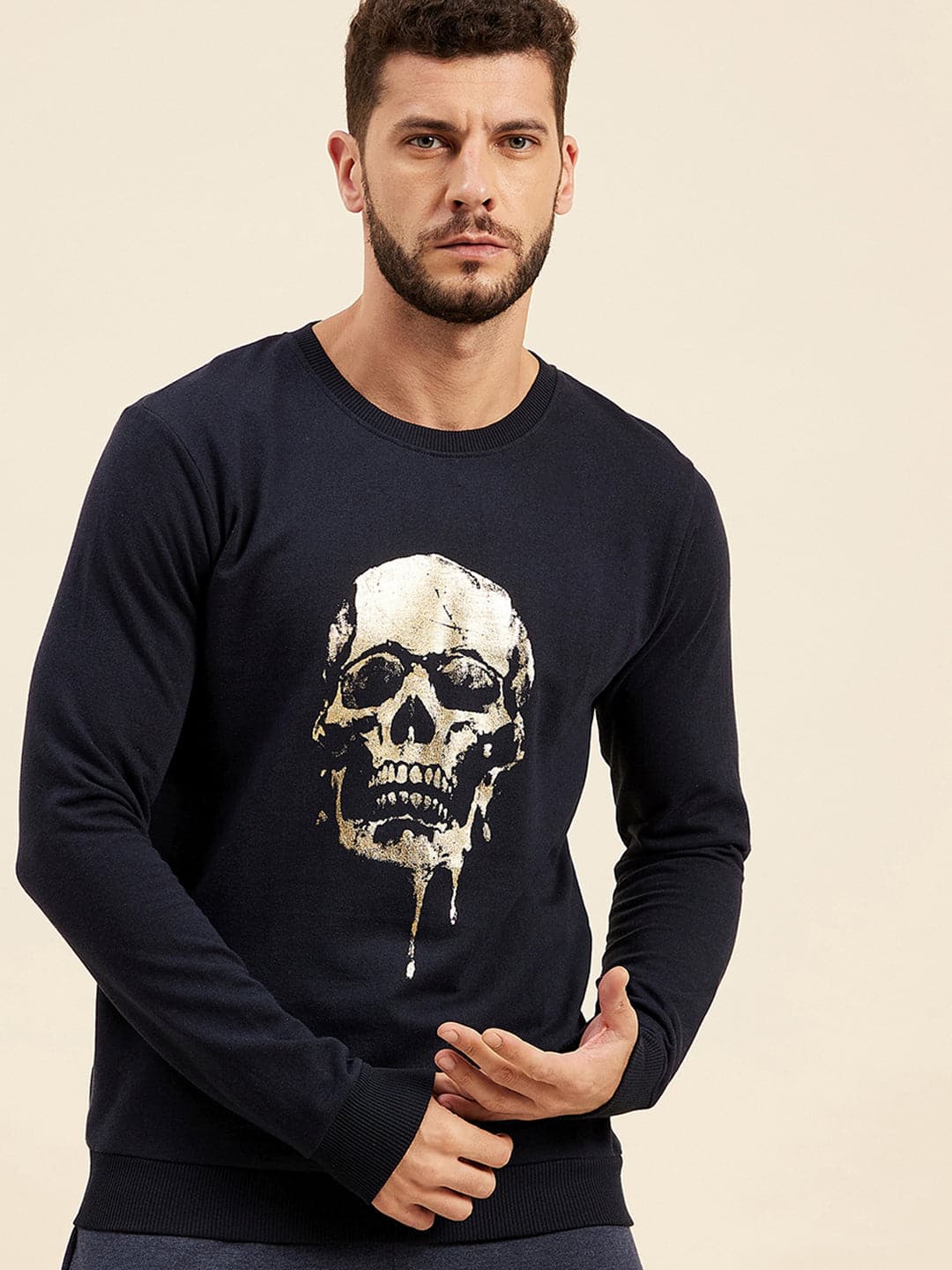 Men's Navy Front Foil Skull Print Sweatshirt - LYUSH-MASCLN