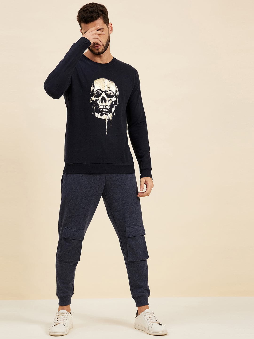 Men's Navy Front Foil Skull Print Sweatshirt - LYUSH-MASCLN