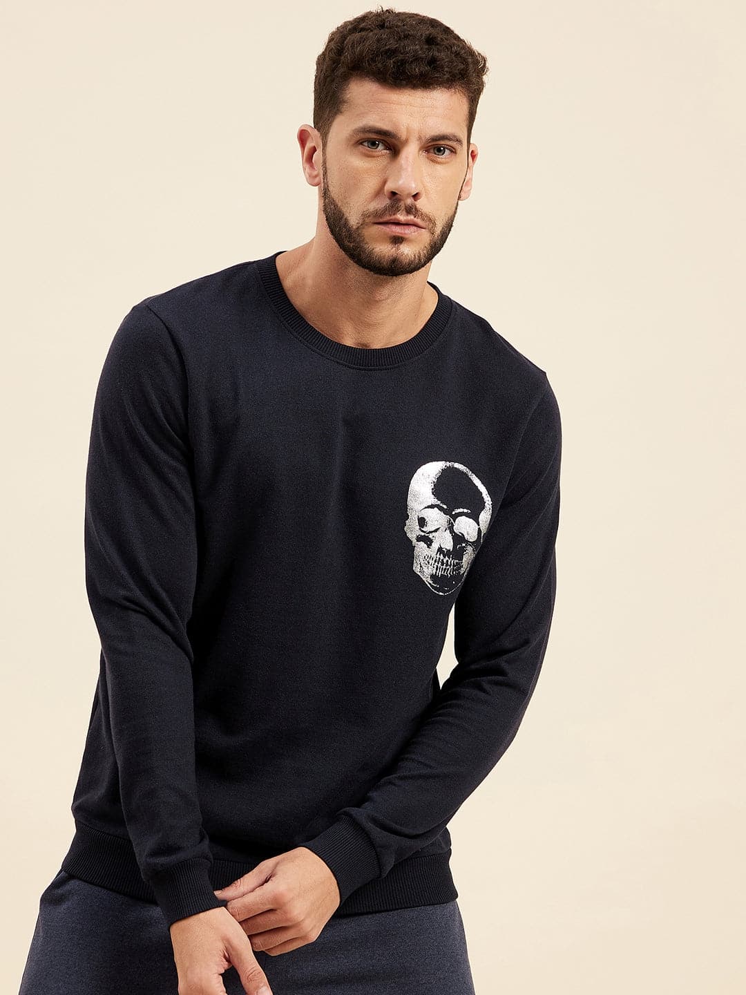 Men's Navy Skull Foil Print Sweatshirt - LYUSH-MASCLN