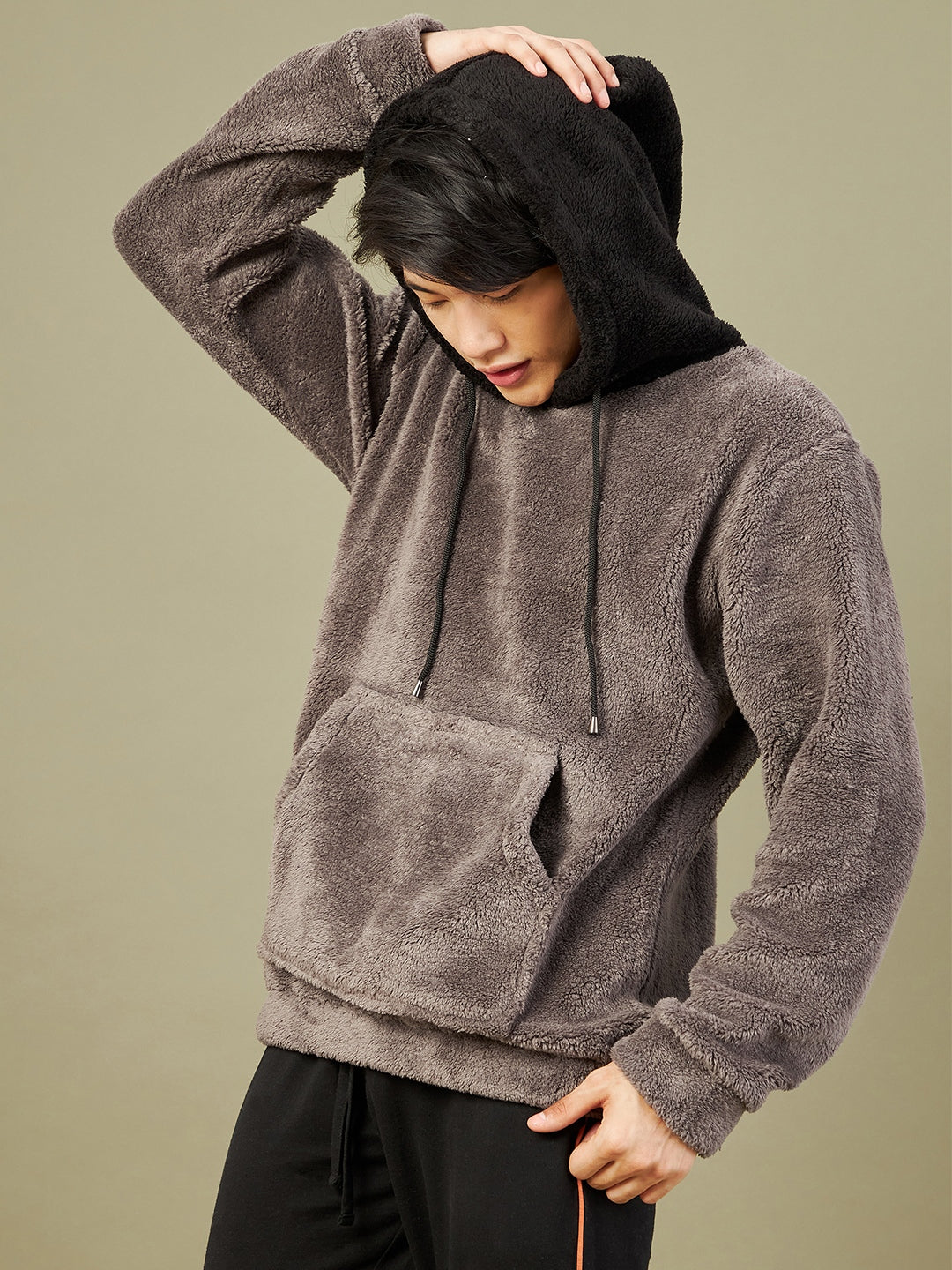 Men's Charcoal Grey Fur Colorblock Hoodie - LYUSH-MASCLN