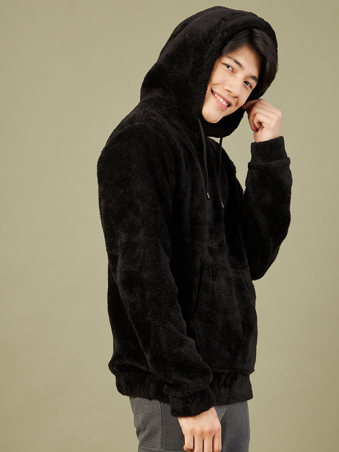 Men's Black Fur Kangaroo Pocket Hoodie - LYUSH-MASCLN