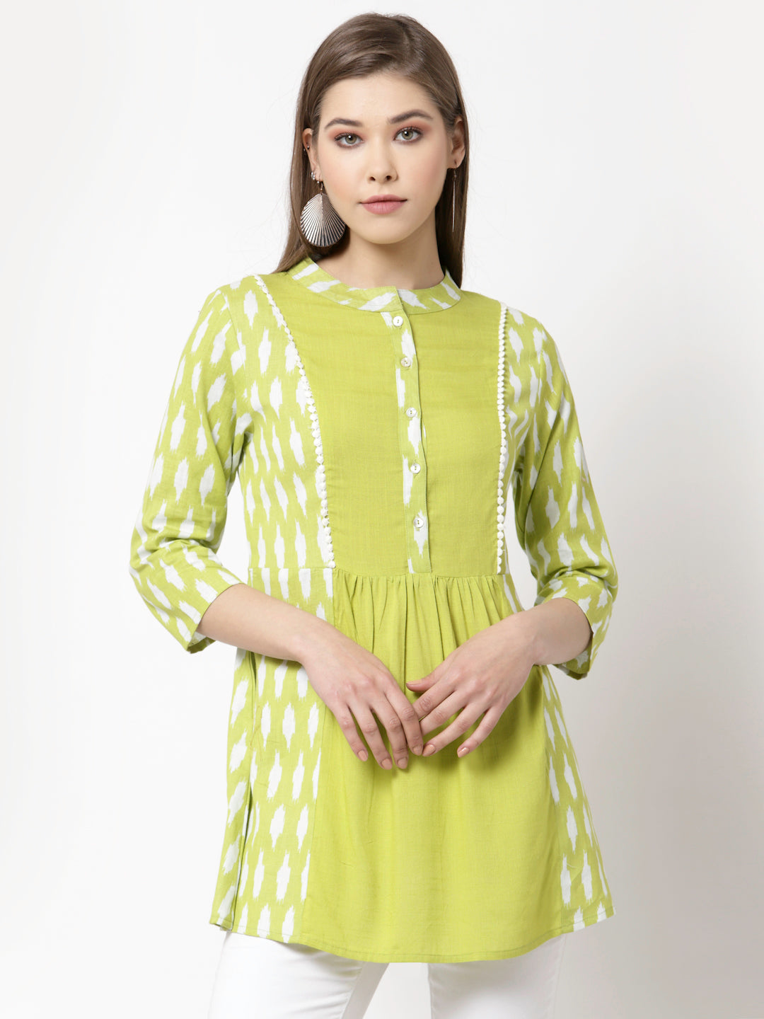 Women's Green Pure Cotton Printed 3/4 Sleeve Round casual Only Tunic - Myshka
