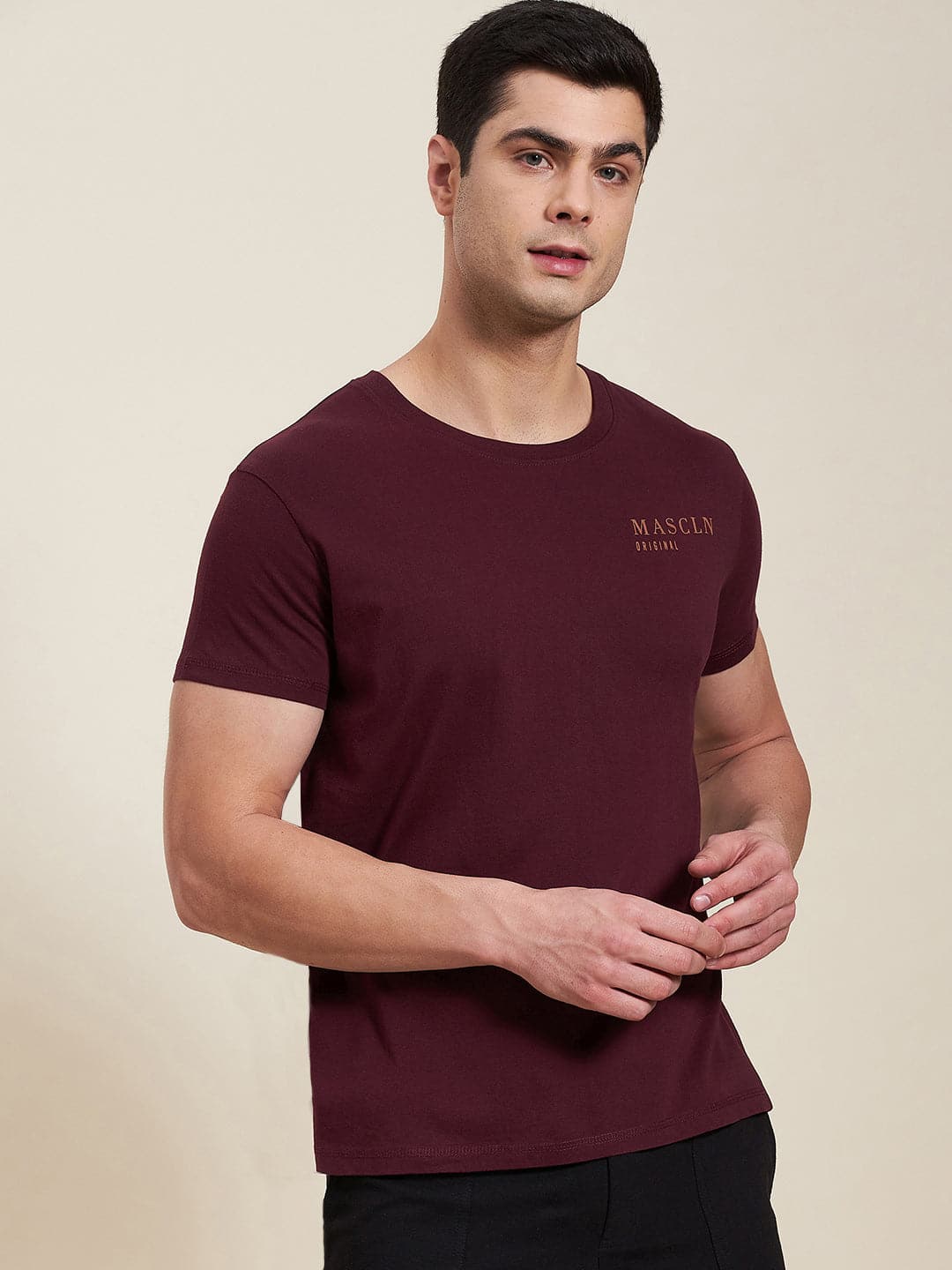 Men's Burgundy Slim Fit MASCLN ORIGINAL T-Shirt - LYUSH-MASCLN