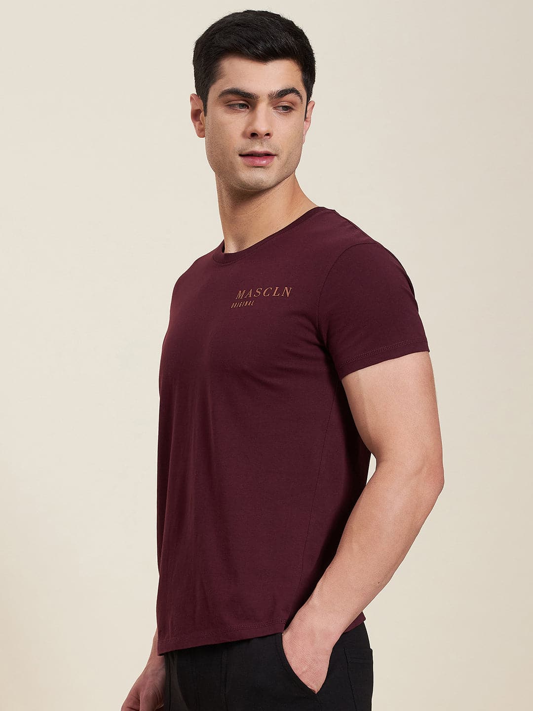 Men's Burgundy Slim Fit MASCLN ORIGINAL T-Shirt - LYUSH-MASCLN