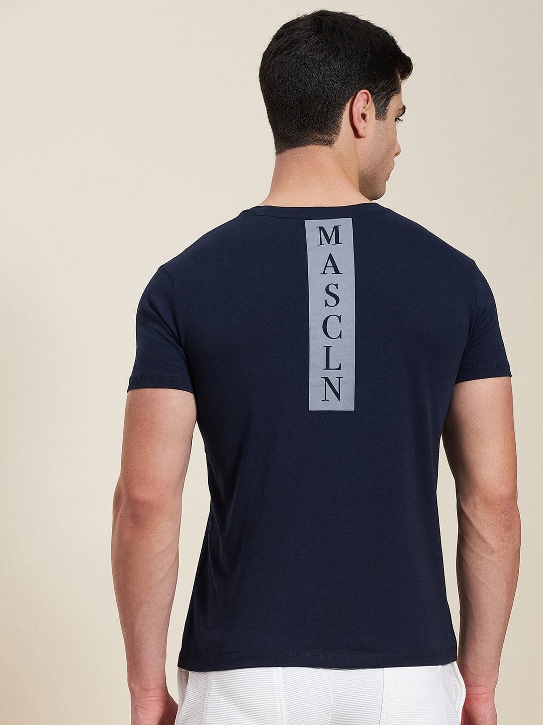Men's Navy Slim Fit Back Printed MASCLN Logo T-Shirt - LYUSH-MASCLN