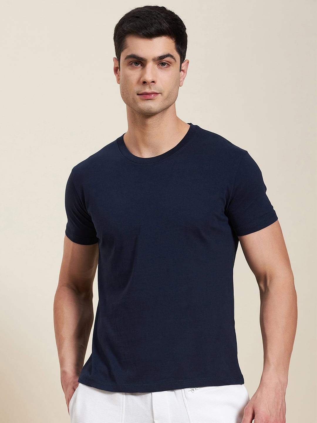 Men's Navy Slim Fit Back Printed MASCLN Logo T-Shirt - LYUSH-MASCLN