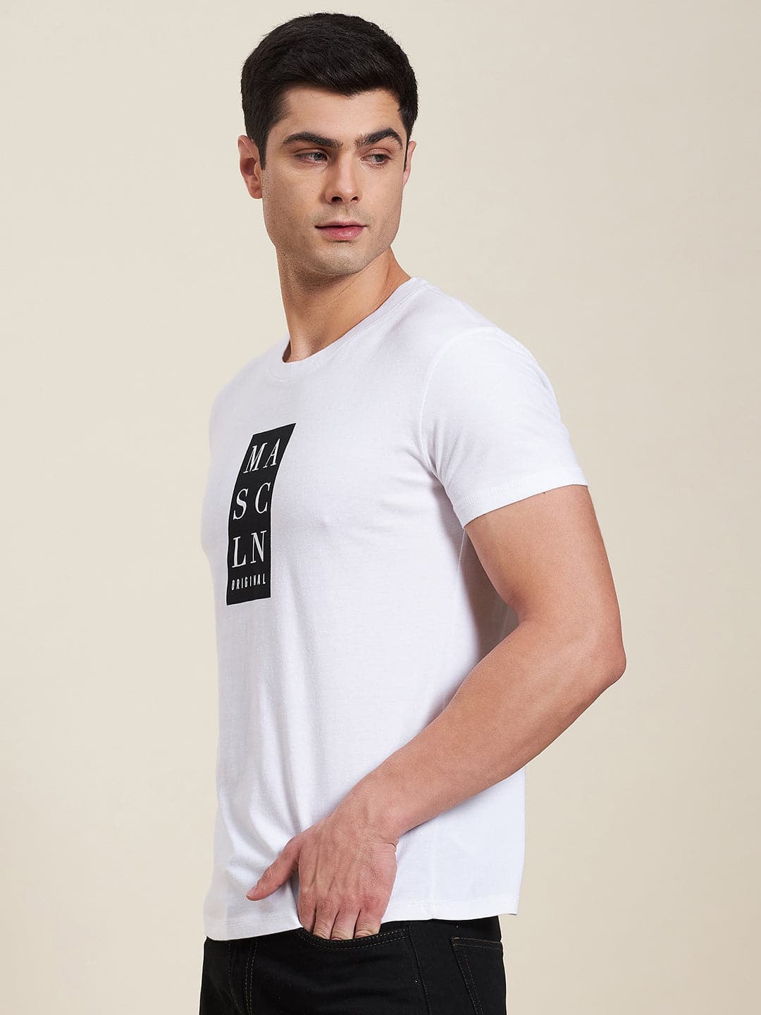 Men's White Vertical MASCLN Slim Fit T-Shirt - LYUSH-MASCLN
