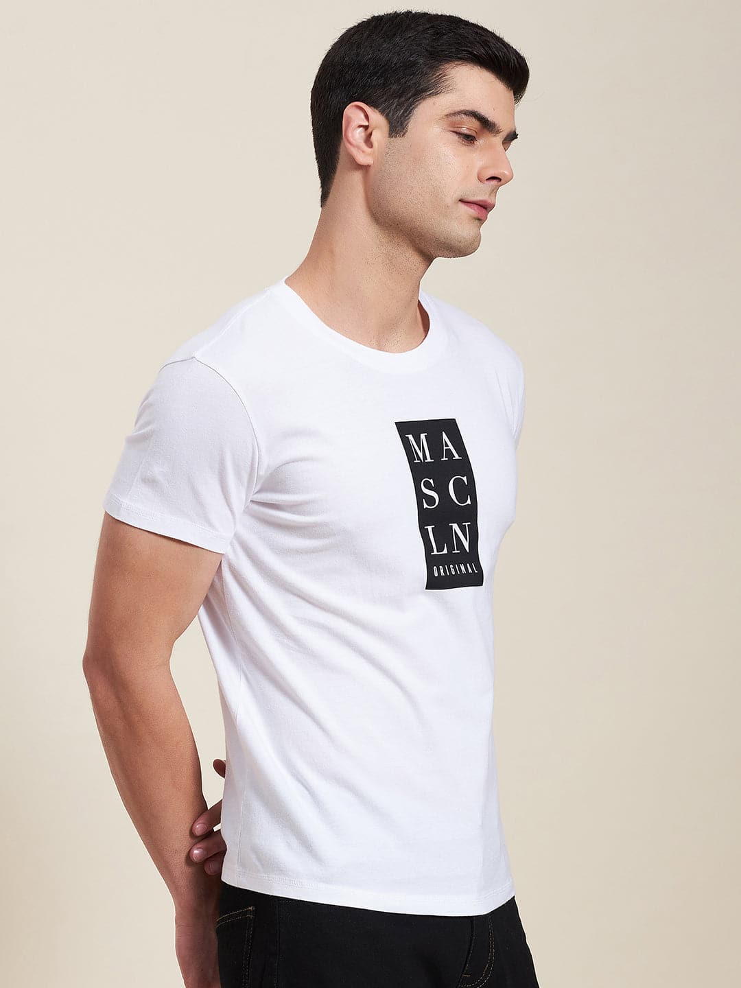 Men's White Vertical MASCLN Slim Fit T-Shirt - LYUSH-MASCLN