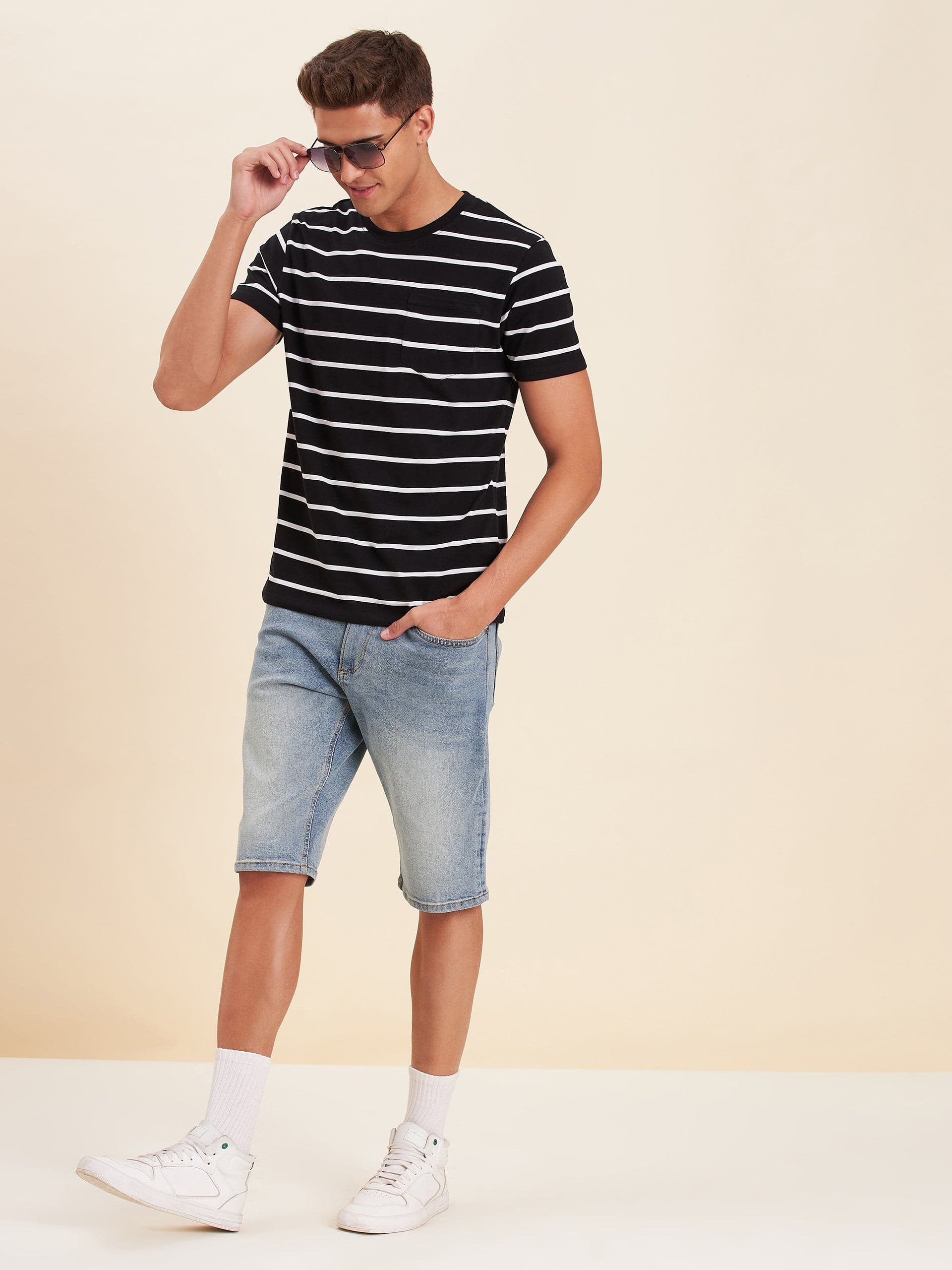 Men's Black & White Stripes Pocket Cotton T-Shirt - LYUSH-MASCLN