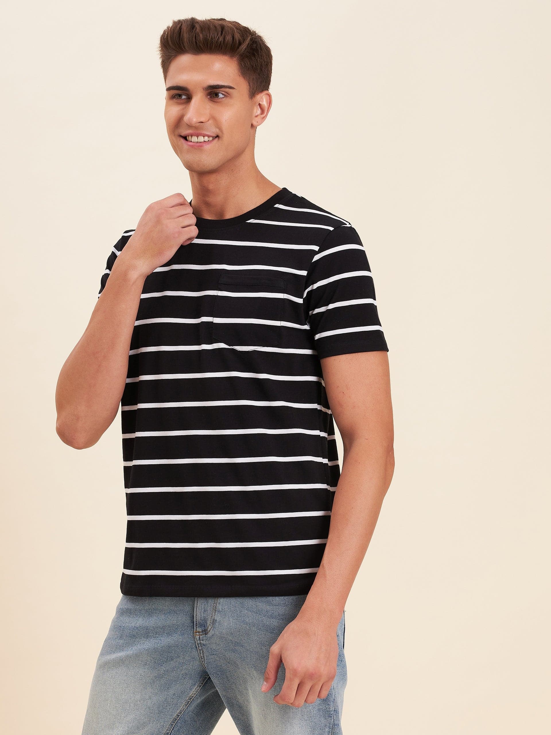 Men's Black & White Stripes Pocket Cotton T-Shirt - LYUSH-MASCLN