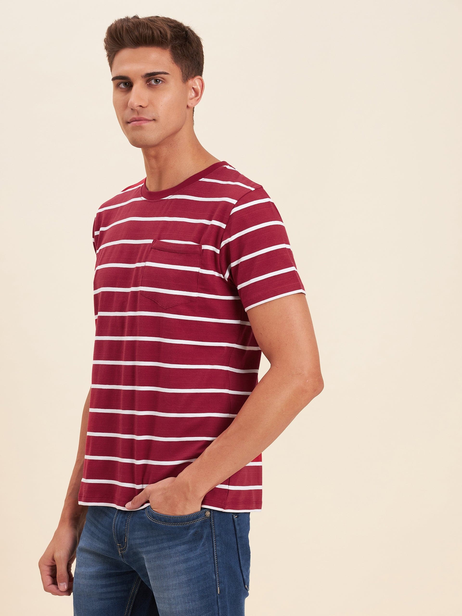Men's Red & White Stripes Pocket Cotton T-Shirt - LYUSH-MASCLN