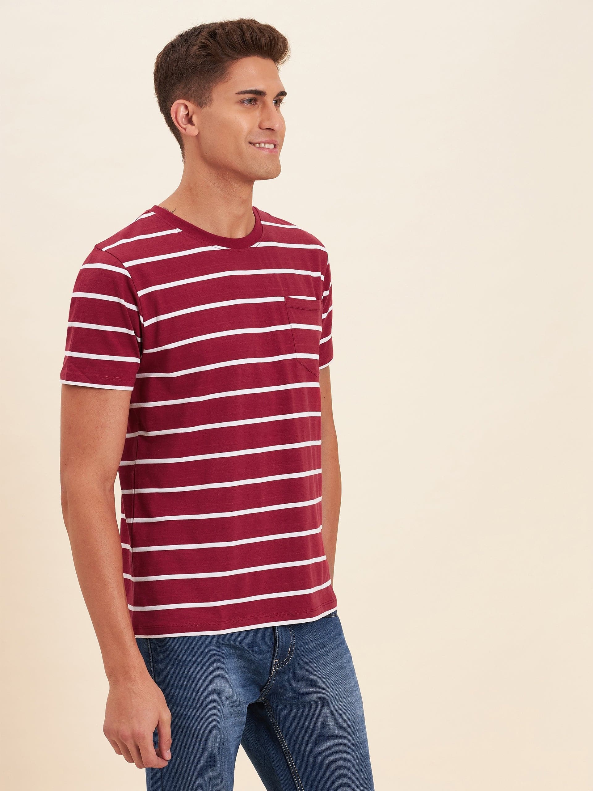 Men's Red & White Stripes Pocket Cotton T-Shirt - LYUSH-MASCLN