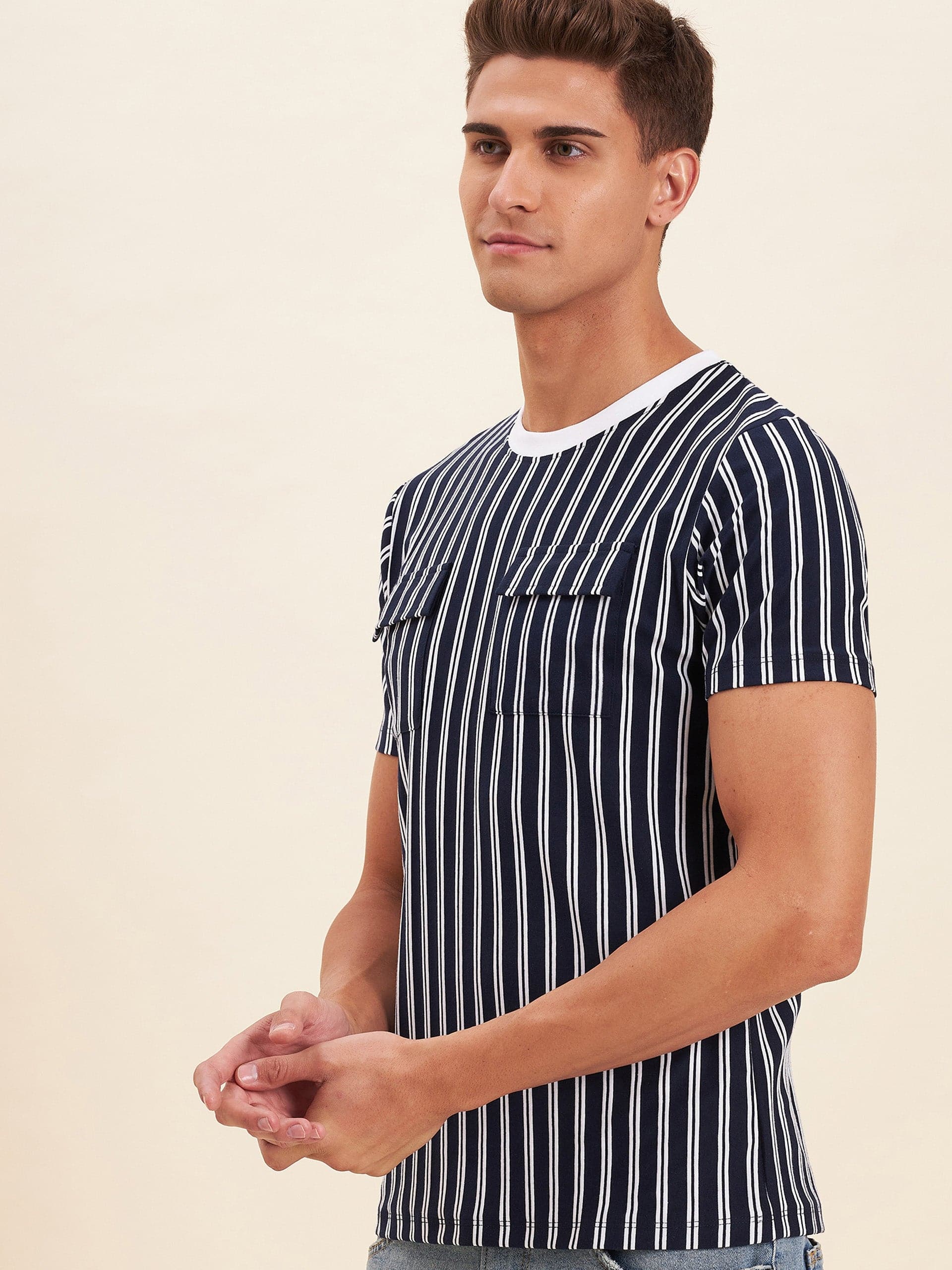 Men's Navy & White Stripes Double Pocket Cotton T-Shirt - LYUSH-MASCLN