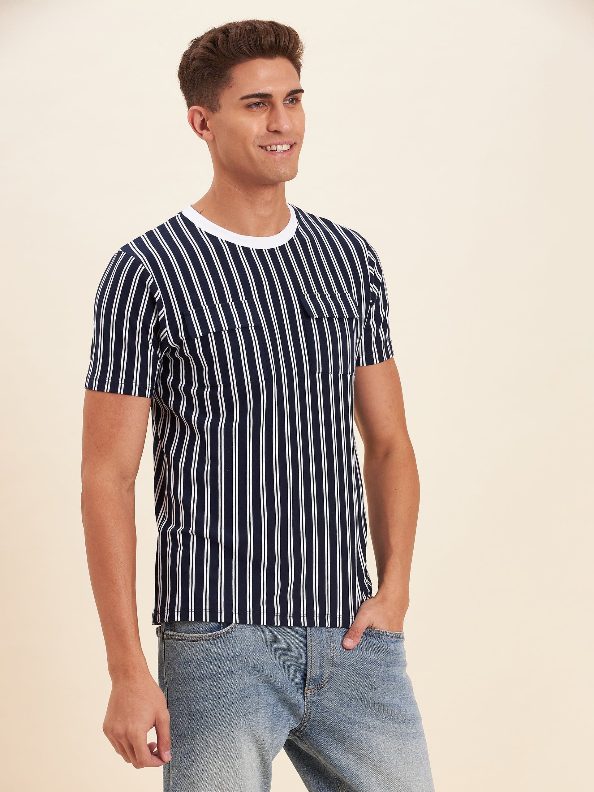 Men's Navy & White Stripes Double Pocket Cotton T-Shirt - LYUSH-MASCLN