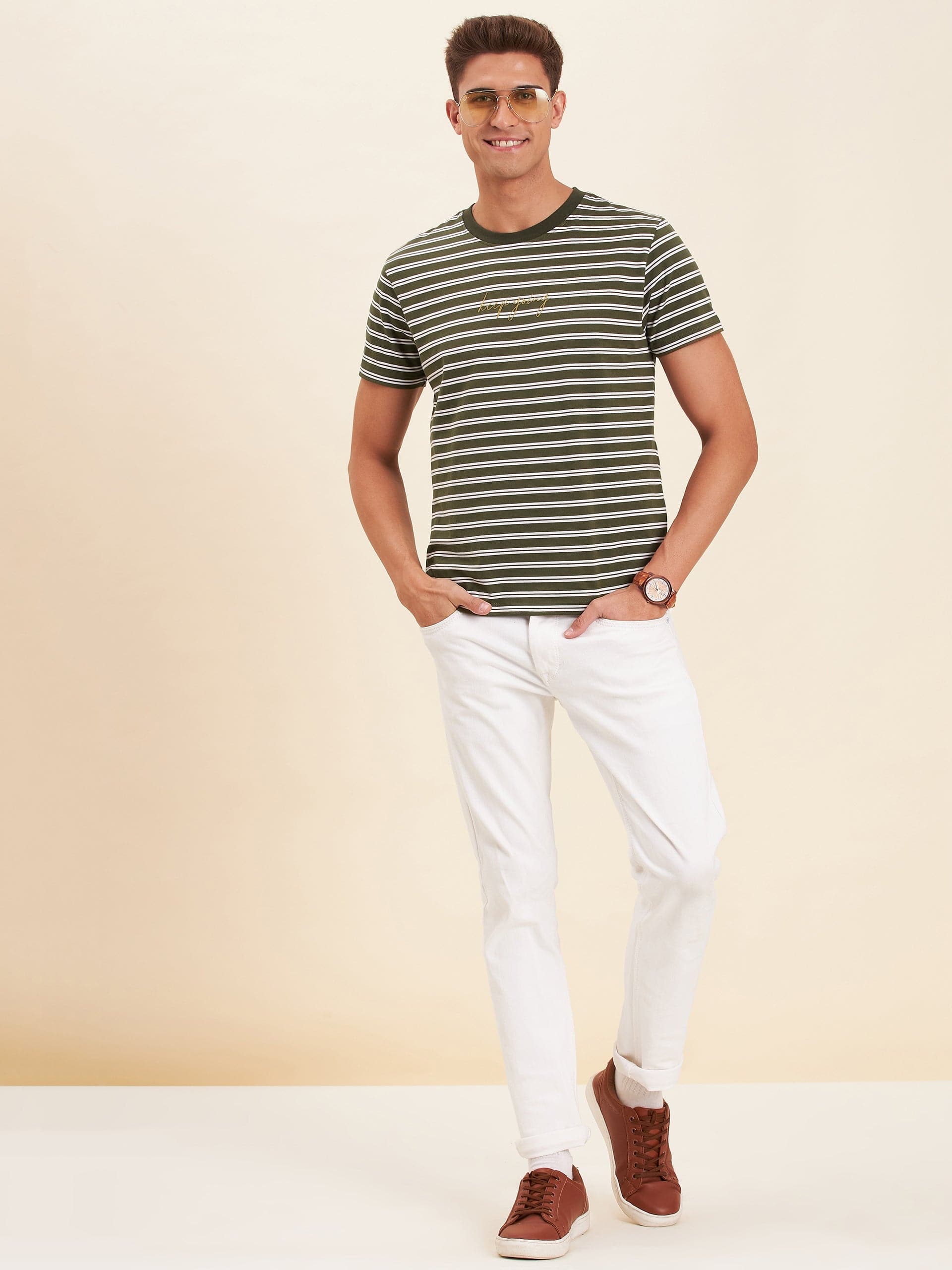 Men's Olive & White Stripes Embroidered Cotton T-Shirt - LYUSH-MASCLN