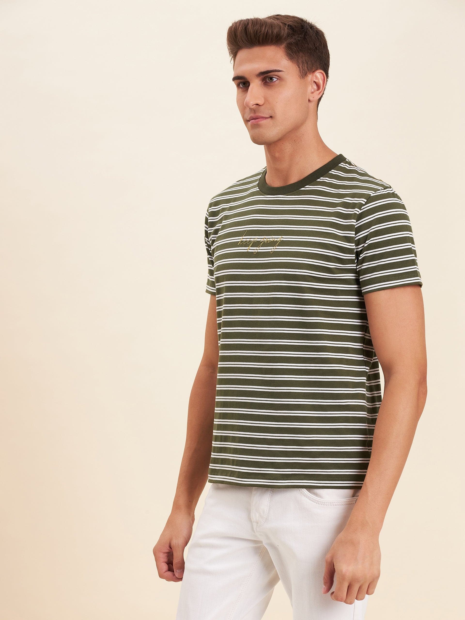 Men's Olive & White Stripes Embroidered Cotton T-Shirt - LYUSH-MASCLN