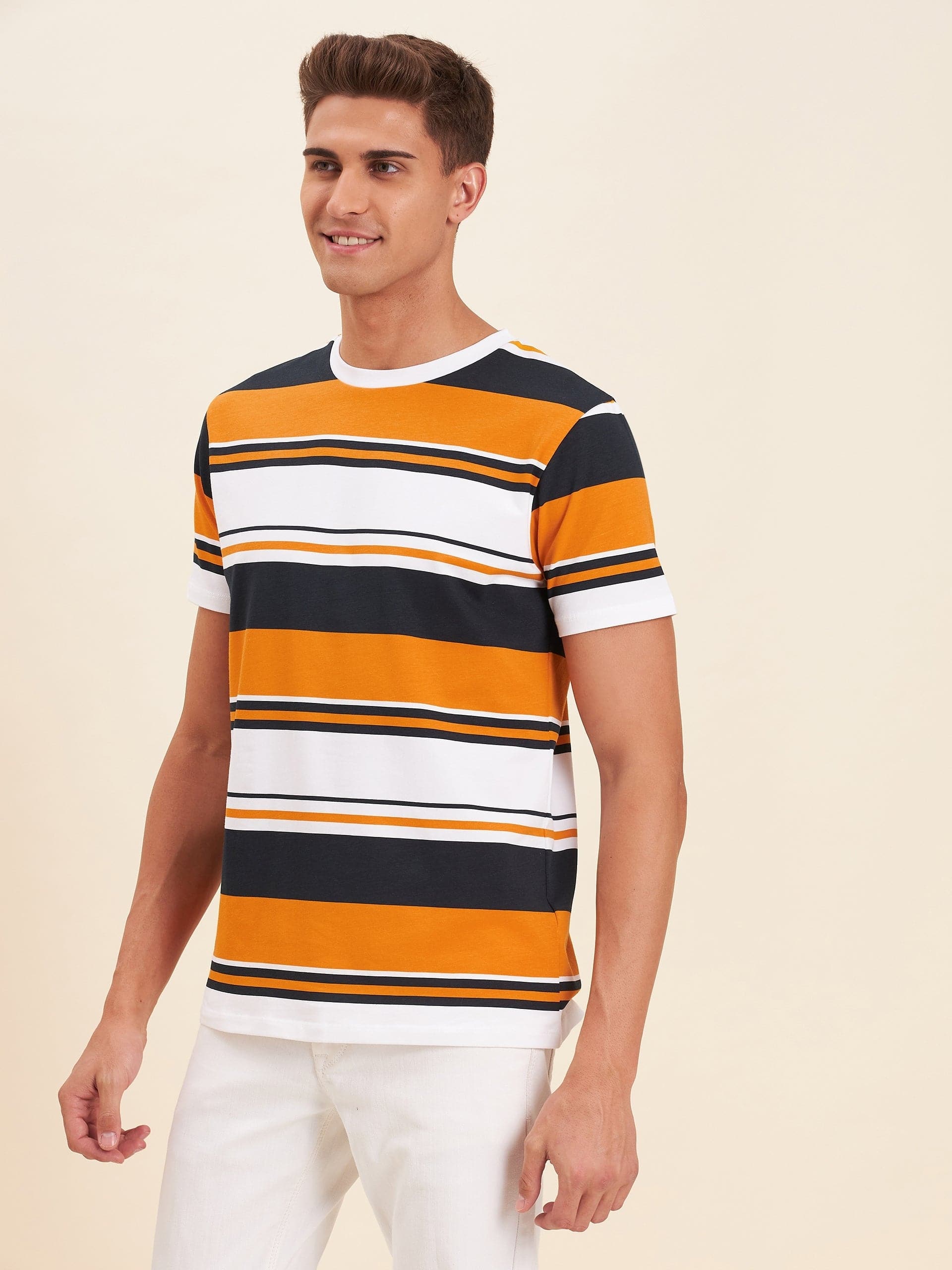 Men's Mustard Multi Stripes Cotton T-Shirt - LYUSH-MASCLN