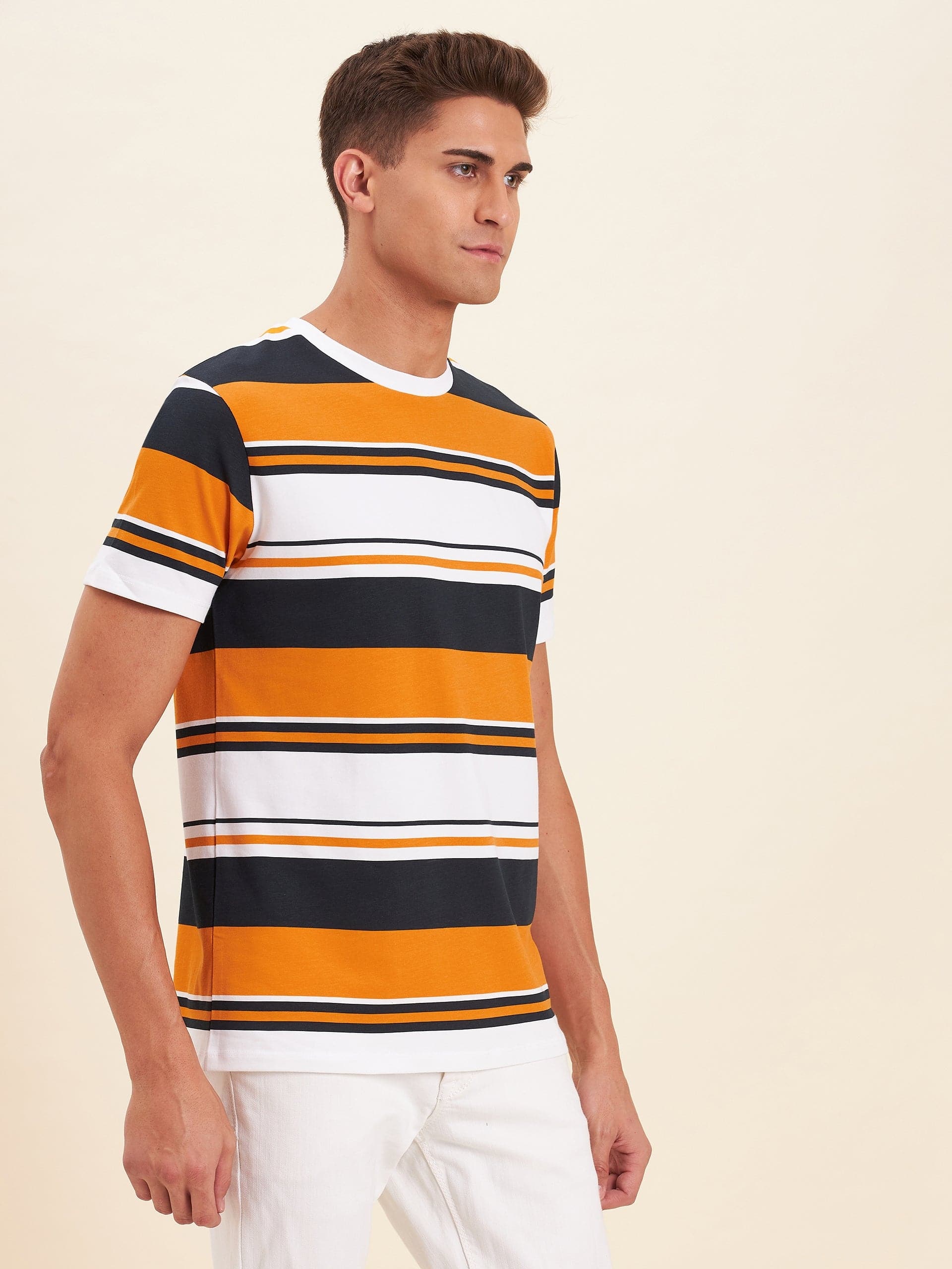 Men's Mustard Multi Stripes Cotton T-Shirt - LYUSH-MASCLN
