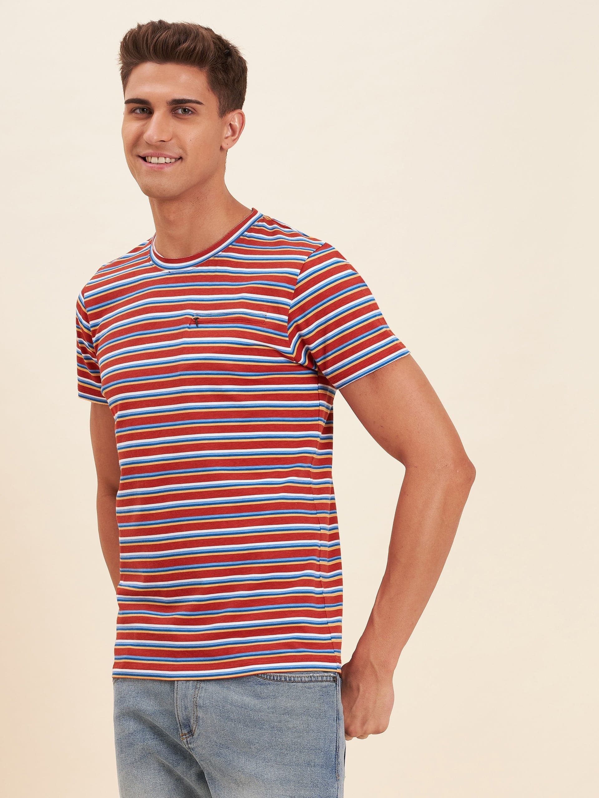 Men's Rust Multi Stripes Zipper Pocket Cotton T-Shirt - LYUSH-MASCLN