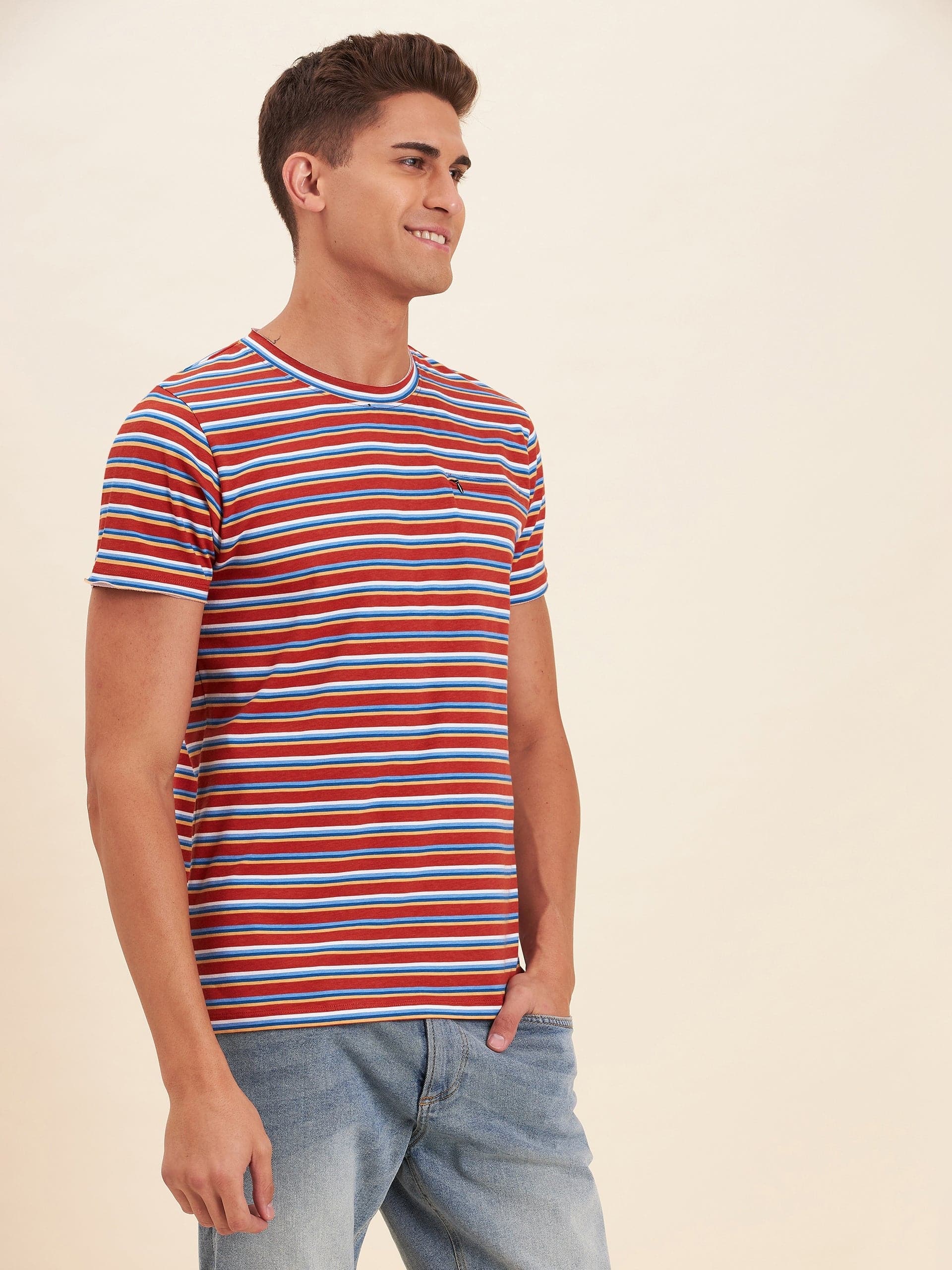 Men's Rust Multi Stripes Zipper Pocket Cotton T-Shirt - LYUSH-MASCLN
