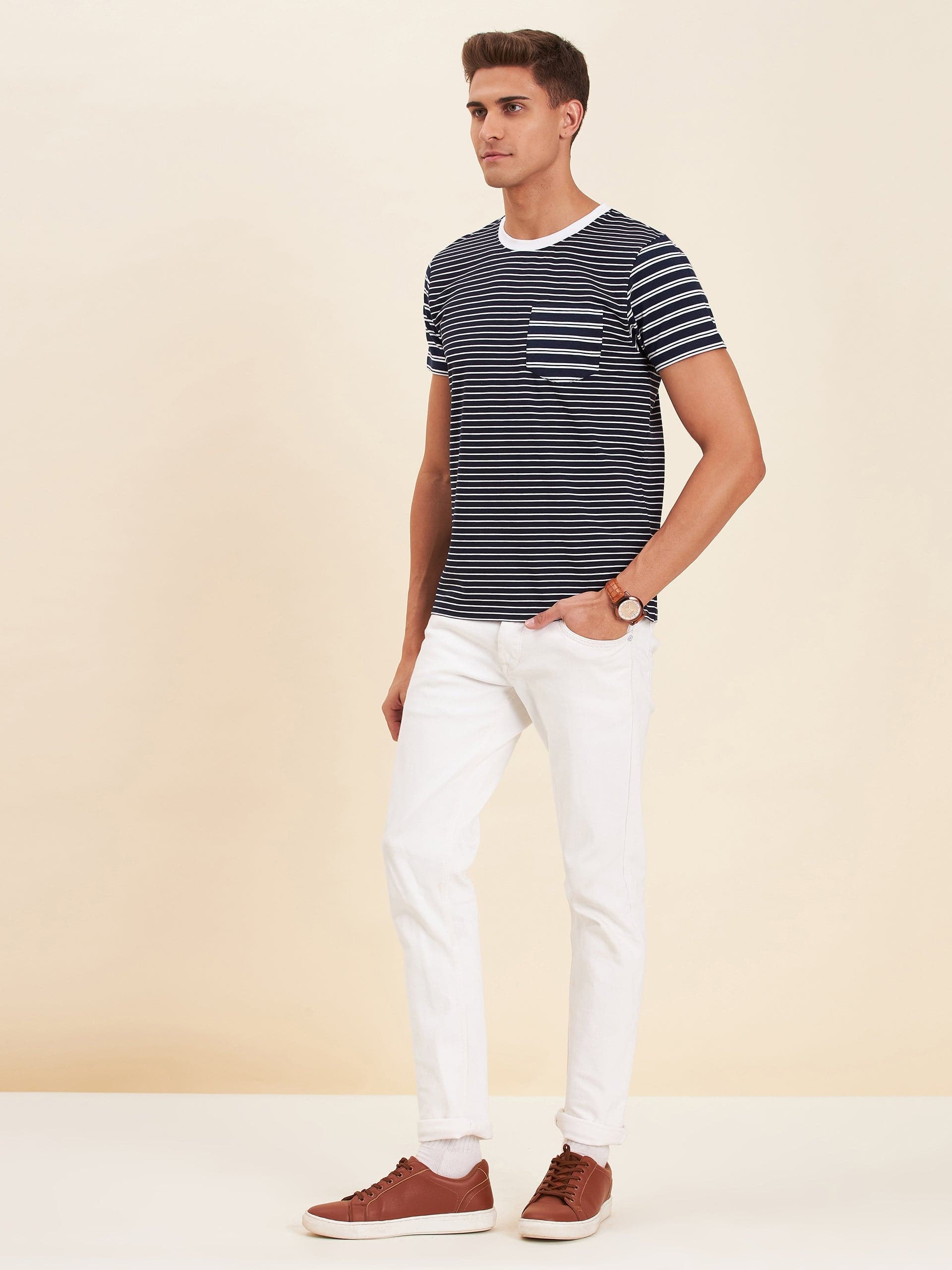 Men's Navy & White Stripes Pocket Cotton T-Shirt - LYUSH-MASCLN