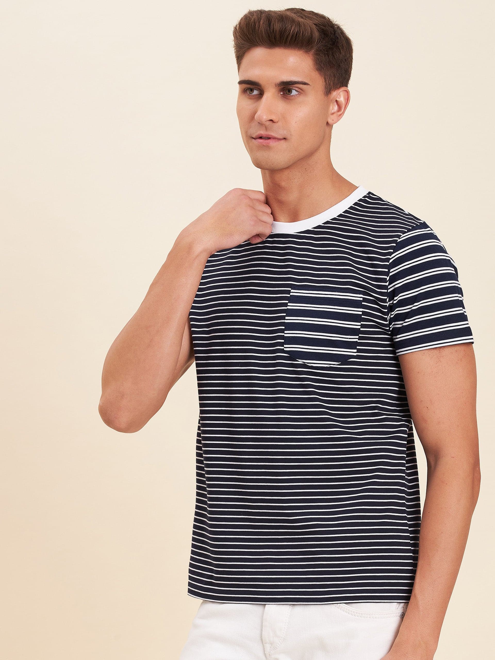 Men's Navy & White Stripes Pocket Cotton T-Shirt - LYUSH-MASCLN