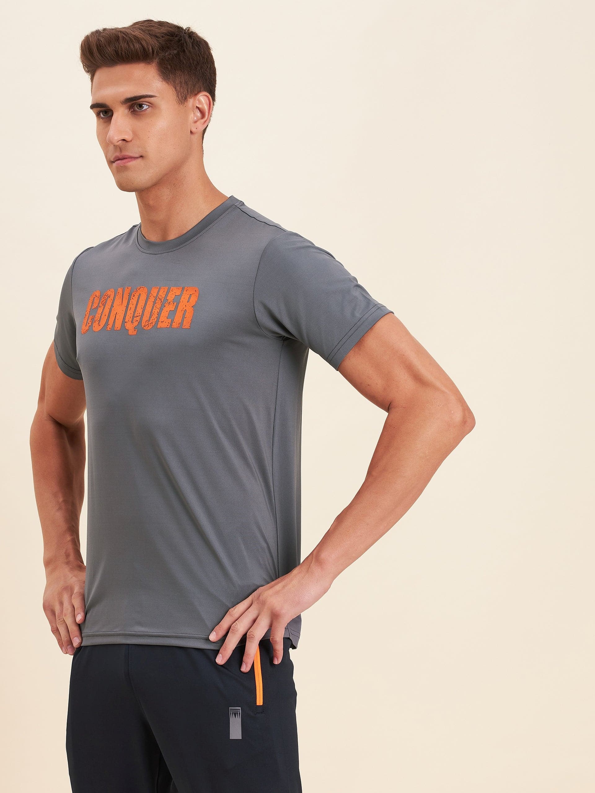 Men's Grey CONQUER Dry Fit T-Shirt - LYUSH-MASCLN